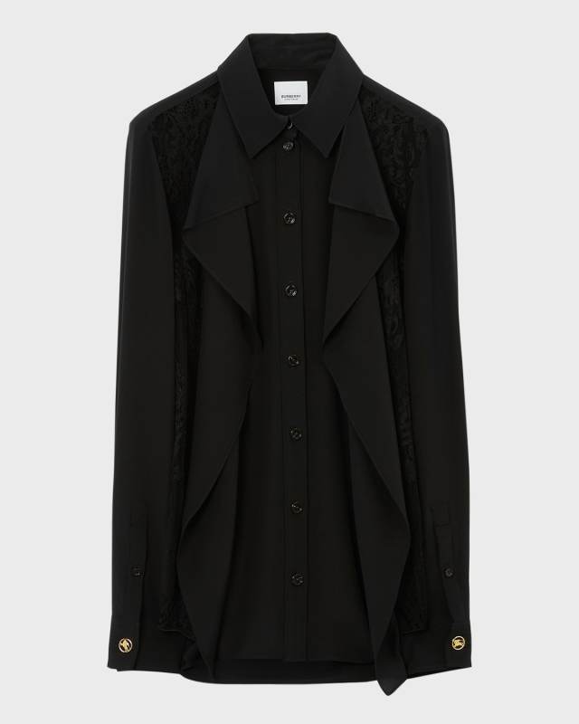 Veronica Silk Button-Front Blouse with Lace Detail